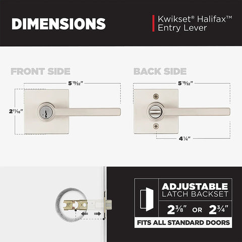 Halifax Entry Door Handle With Lock And Key, Reversible Exterior Lever dimensions, satin nickel finish, adjustable latch backset.