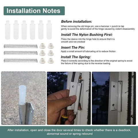 Installation guide for Storm Screen Door Hinge Pin Repair Kit K5131 Replacement Set with components shown and step-by-step process.