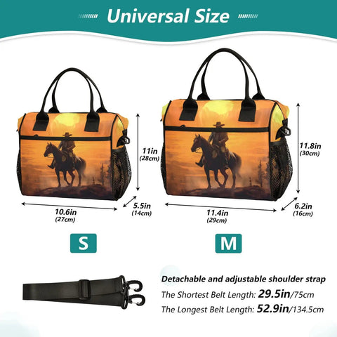 Desert Cowboy Brown Insulated Lunch Bag Cooler Tote For Outdoor Picnic And Camping, showing size with horse design, two sizes displayed