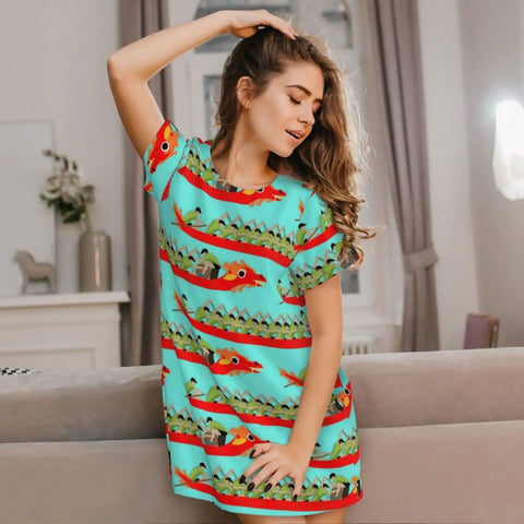 Dragon Boat Racing Inspired Women Sleep Shirt Nightgown Soft Cozy Nightdress With Short Sleeves in a living room setting