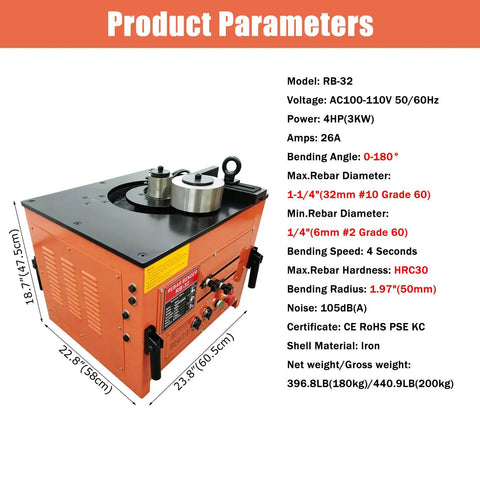 Built Like A Tank Electric Rebar Bender With Finger Tip Foot Switch Table Stand Setup For Quick Steel Rod Bending And Smooth 0 To 180 Degree Angles On Tough Jobs product specifications and dimensions