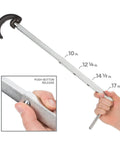 Telescoping Basin Wrench 10 To 17 Inch With Adjustable Jaw in hand, showing lengths and push-button release feature.