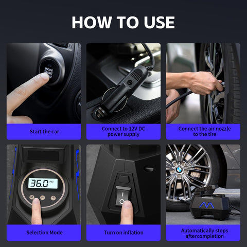 Step-by-step guide for Portable Tire Inflator Air Compressor With Digital Pressure Gauge, 12V DC Car Pump usage