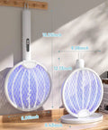 2-In-1 Mosquito Zapper Racket With 4000V Electric Grid Foldable Fly Swatter, rechargeable, auto zap base, showing dimensions.