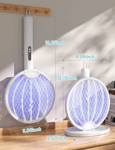 2-In-1 Mosquito Zapper Racket With 4000V Electric Grid Foldable Fly Swatter, rechargeable, auto zap base, showing dimensions.