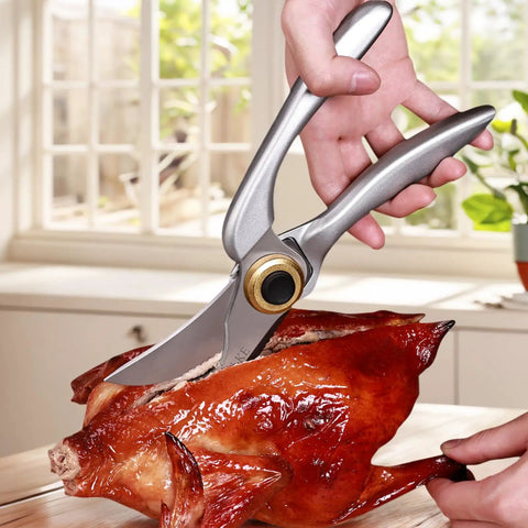 Heavy Duty Kitchen Scissors With Non Slip Handle And Auto Unlock For Cutting Meat Poultry Roasts Turkey And Fish Serrated Stainless Steel Blades With Ergonomic Grip Tough Yet Easy To Use Everyday Kitchen Tool cutting roasted chicken