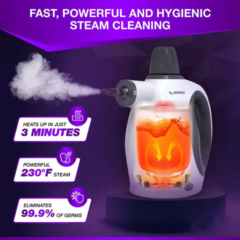 Quick Heat Handheld Steam Cleaner Includes Nine Piece Accessory Kit with 230°F steam output and removable water tank.