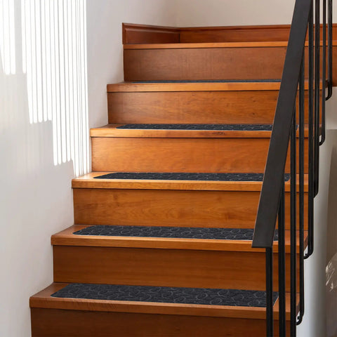 Wooden stairs with 15 Piece Indoor Stair Treads For Wooden Steps Grippy Non Slip Carpet Treads With Gray Stripe Design Polyester