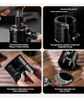 Real Deal Aluminum Espresso Tamper Station With Solid Portafilter Holder And Quick Snap Knock Block For Smooth Pulls Black Grounds Catcher shown in four detailed views highlighting its adjustable features and premium materials.