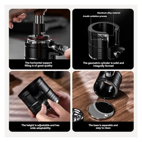 Real Deal Aluminum Espresso Tamper Station With Solid Portafilter Holder And Quick Snap Knock Block For Smooth Pulls Black Grounds Catcher shown in four detailed views highlighting its adjustable features and premium materials.