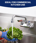 Lead-Free 4 Inch Wall Mount Commercial Sink Faucet with 6" Swivel Spout washing lettuce in a commercial kitchen sink.