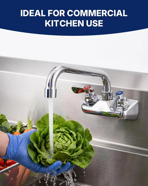 Lead-Free 4 Inch Wall Mount Commercial Sink Faucet with 6" Swivel Spout washing lettuce in a commercial kitchen sink.