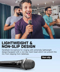 Man singing with Dynamic Karaoke Microphone With 13 Foot Cable, All Metal Handheld Cardioid XLR Mic for Singing, friends enjoying in background.