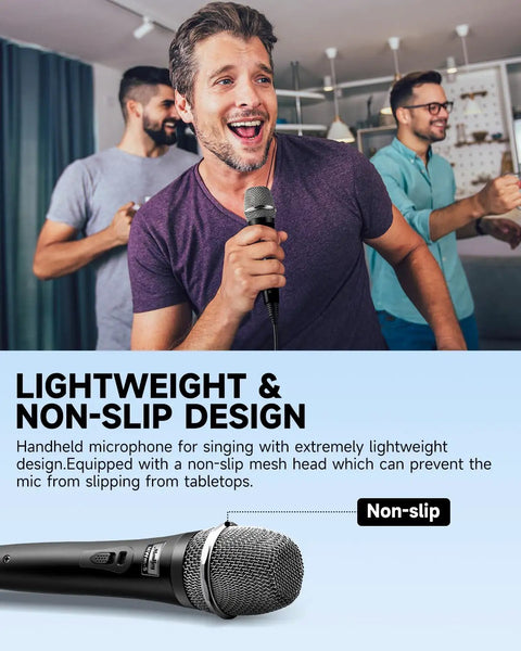Man singing with Dynamic Karaoke Microphone With 13 Foot Cable, All Metal Handheld Cardioid XLR Mic for Singing, friends enjoying in background.