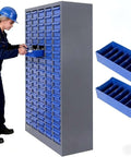 Person using Heavy Duty 75 Drawer Parts Cabinet With 26 By 9 By 36 Inch Steel Frame And ABS Drawers Multi Purpose Nut And Bolt Organizer