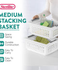 Person using 10 Pack Medium Stacking Baskets With Open Top For Grab And Go Storage White Plastic Crates For Countertops Cabinets Pantry Shelves Laundry Room Bathrooms And Home Office Organization