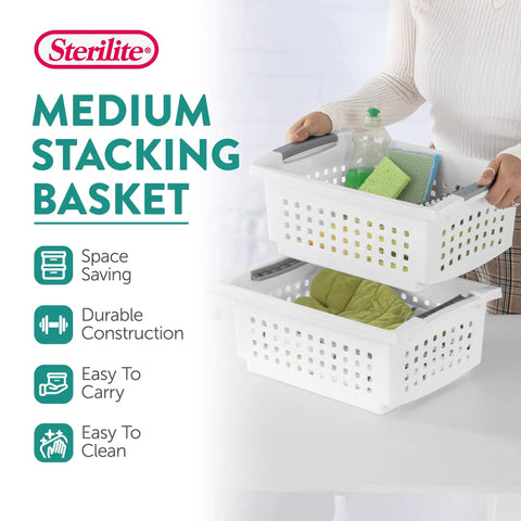 Person using 10 Pack Medium Stacking Baskets With Open Top For Grab And Go Storage White Plastic Crates For Countertops Cabinets Pantry Shelves Laundry Room Bathrooms And Home Office Organization