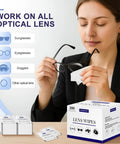 Pikabeast lens wipes box, 200-count for eyeglasses and sunglasses; person cleaning glasses