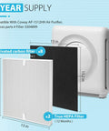 True HEPA Replacement Filter H13 Pack For Coway Airmega AP 1512HH And Airmega 200M Purifiers Includes 2 HEPA Plus 8 Carbon Filters Budget Friendly Upgrade That Fits Perfectly Delivers High Performance Clean Air shown with dimensions of 13x15.2 inches next to air purifier.