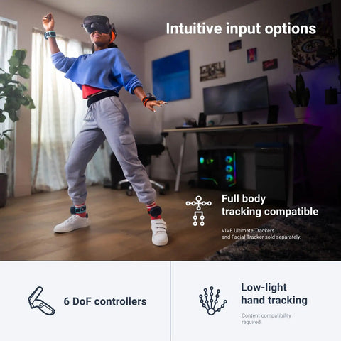 Person using Focus Vision XR Headset Bundle With DisplayPort PC VR Streaming Kit For Standalone And PC VR Gaming in living room.