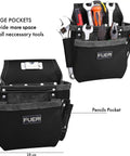 Black leather tool belt with large pockets and various tools, labeled 'FUERI'; part of heavy duty full grain leather tool belt for men.