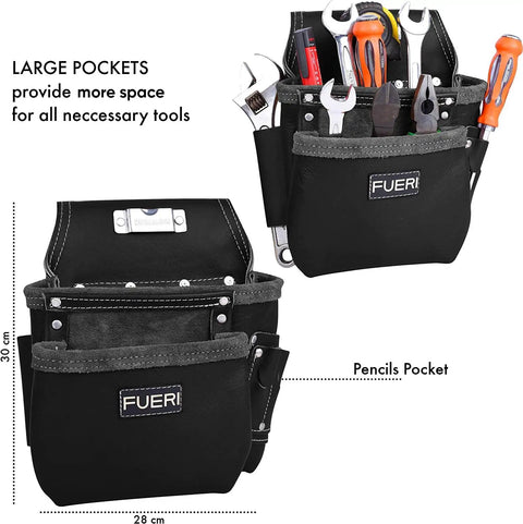 Black leather tool belt with large pockets and various tools, labeled 'FUERI'; part of heavy duty full grain leather tool belt for men.