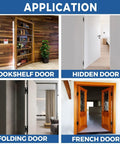 Badass Silent Hidden Door Hinges Six Inch Outswing Concealed Butt Hardware shown in bookshelf, hidden, folding, and French doors.