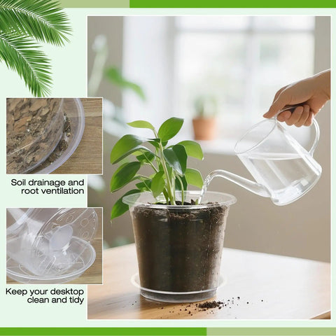 Clear Nursery Pots With Drainage Trays, 25 Pack Plastic Pots For Plants, showcasing soil drainage and watering a plant