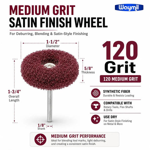 1 1/2 Inch Medium Grit Satin Finish Abrasive Buff Wheel With 1/8 Inch Shank Mounted For Rotary Tools And Flex Shaft.