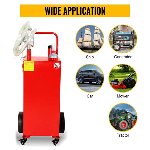 30 Gallon Gas Caddy With Pump On Four Wheels, showing wide application for boat, ATV, car, mower, and tractor use