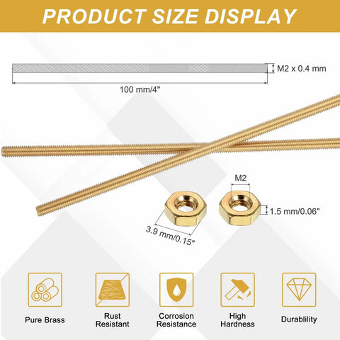 Top Shelf Solid Brass Threaded Rods With Hex Nuts, M2 X 0.4mm Pitch Straight Four Inch Studs, Rust Proof Diy Hardware Fasteners displayed with sizes and specifications.