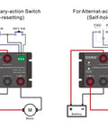 Wiring diagram for Beefy 12V 50A Forward And Reverse DC Relay Module for motors and linear actuators showing switch configurations.