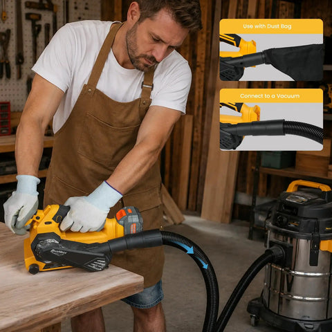 Badass Cordless Brushless Belt Sander With Six Variable Speed Settings And Raw Grip being used to smooth wood with vacuum attachment.