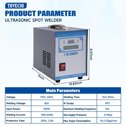 Ultrasonic Plastic Welder 28KHz 700W handheld spot welder machine with digital display and controls, size dimensions shown