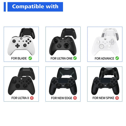 Compatible controllers for Six In One Replacement Thumbsticks Kit For Blade Advance And Ultra One Controllers, showing various models.