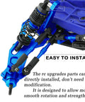 Close-up of navy blue alloy front suspension and steering blocks for 1/10 Rustler VXL and Stampede VXL 2WD upgrades.