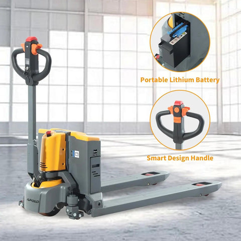 Heavy Duty 3300 Lb Electric Pallet Jack With Smart Control Handle And Fast Lifting, featuring portable lithium battery and ergonomic handle design.