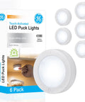 Under Cabinet LED Puck Lights Wireless Battery Operated Touch Activated Stick On Lighting For Kitchen Closet Pantry Bookshelf Garage Bright White 20 Lumen 6 Pack box and lights