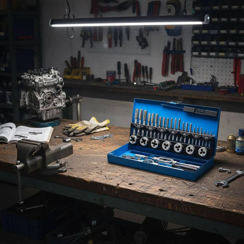Ultimate Hand Thread Cutting Tap And Die Repair Kit For Bolts Nuts Make Fastener Jobs A Breeze With Alloy Steel Build Perfect For Shop Garage Vibes, blue case open on bench