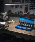 Check Out This Awesome Metric Thread Cutting Taps And Dies Set With Handy Wrenches For Clean Threads. Blue metal set on workbench in garage.