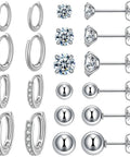 Stainless Steel Earring Set For Women, 10 Pairs, Includes Small Huggie Hoops, CZ Studs, And Glossy Spherical Studs, Versatile Stainless Steel Jewelry For Everyday Piercing Looks, 316L steel
