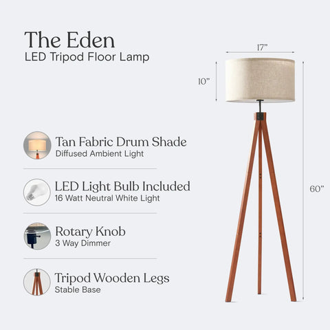 Mid Century Tripod Floor Lamp With Dimmable LED Solid Wood Legs Tall Tree Style Lamp For Living Room Cozy Reading Office Decor Modern Lighting For Any Space Havana Brown with tan drum shade and rotary dimmer