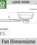Diagram of low profile 52 inch white ceiling fan with pull chain, quiet multi speed reversible motor, classic dope design dimensions
