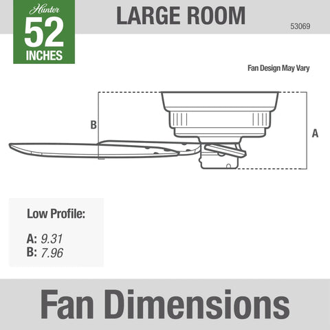 Diagram of low profile 52 inch white ceiling fan with pull chain, quiet multi speed reversible motor, classic dope design dimensions