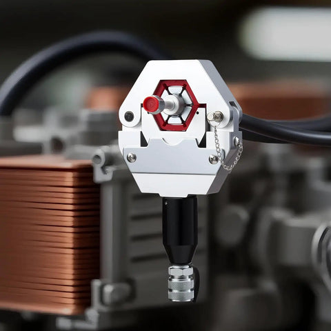 Close-up of Hydra-Krimp AC Hose Crimp Tool for automotive air conditioning repair with manual pump, showing die attachment.