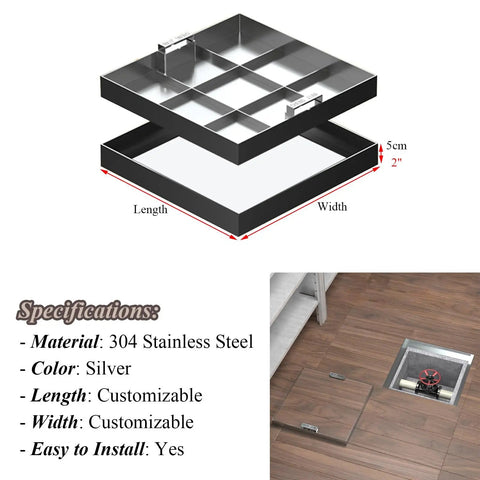 Discreet Backyard Septic Tank Lid 30 By 30 Inch Catch Basin Cover With Easy Pull Retractable Handle Flush Blend Grass Level Stainless Steel Drain Inspection Cap For Solid Home Utility Work displaying silver stainless steel design.