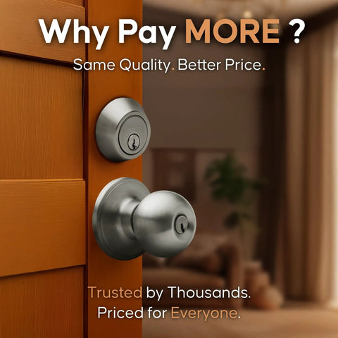 Ball Door Knob Set With Keyed Alike Deadbolt Satin Stainless Finish Easy Screwdriver Install shown on wooden door