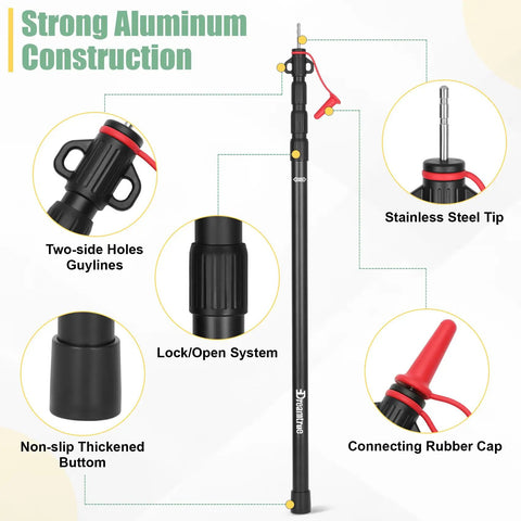 Telescoping Tarp Poles 4 Section Adjustable Aluminum Heavy Duty Poles 8.7 Feet Shade Sail Canopy Support with features labeled