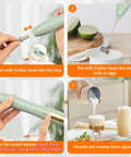 Rechargeable Milk Frother Wand With Stand USB C Handheld Mixer 2 Whisk Heads 3 Speeds Breezy Foam Easy Clean Perfect For Lattes Cappuccinos Matcha Hot Chocolate And Whisking Eggs in step-by-step usage illustration, showing whisk head attachment, frothing in cup, speed control, and resulting foam.