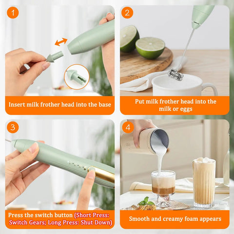 Rechargeable Milk Frother Wand With Stand USB C Handheld Mixer 2 Whisk Heads 3 Speeds Breezy Foam Easy Clean Perfect For Lattes Cappuccinos Matcha Hot Chocolate And Whisking Eggs in step-by-step usage illustration, showing whisk head attachment, frothing in cup, speed control, and resulting foam.